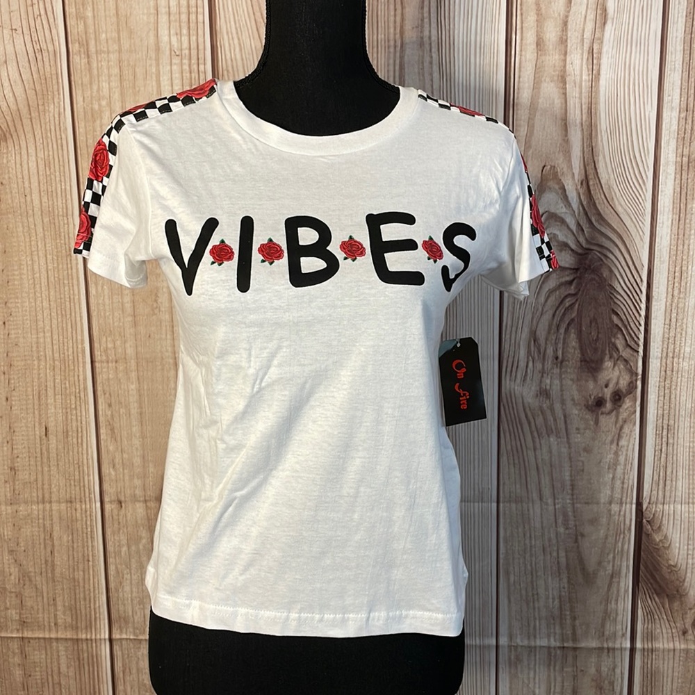 On Fire Good Vibes Graphic Ringer Tee Shirt White size M